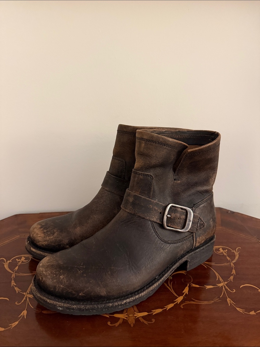 Frye Brown Leather Buckle Ankle Boots